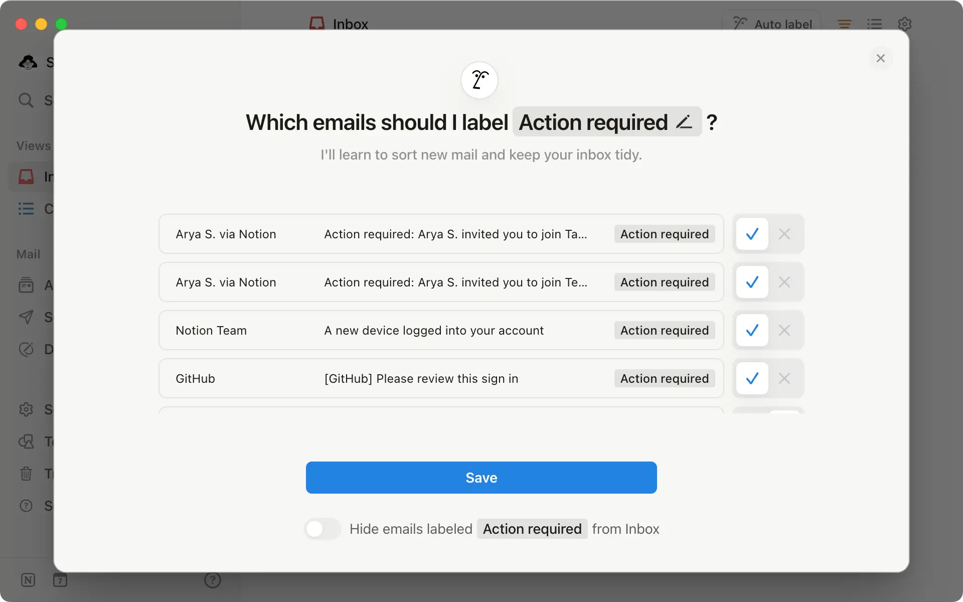Tính năng Tự động gắn nhãn có thể tìm email bằng các cụm từ phổ biến và sắp xếp chúng vào các nhãn riêng.