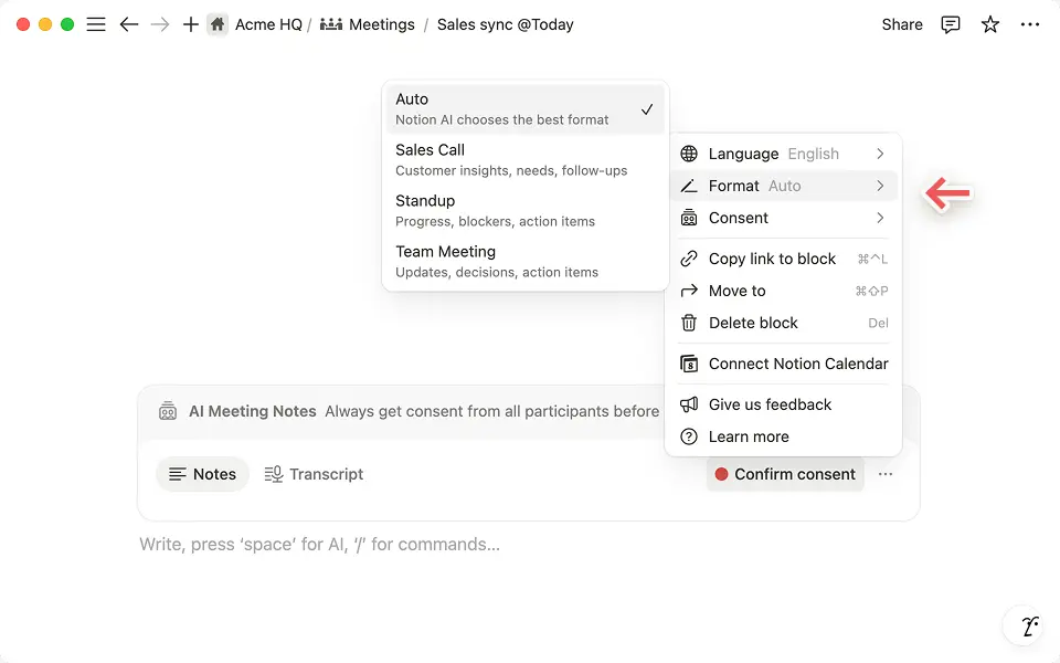 Choose the format option for your meeting so Notion AI can organise your conversation more effectively.
