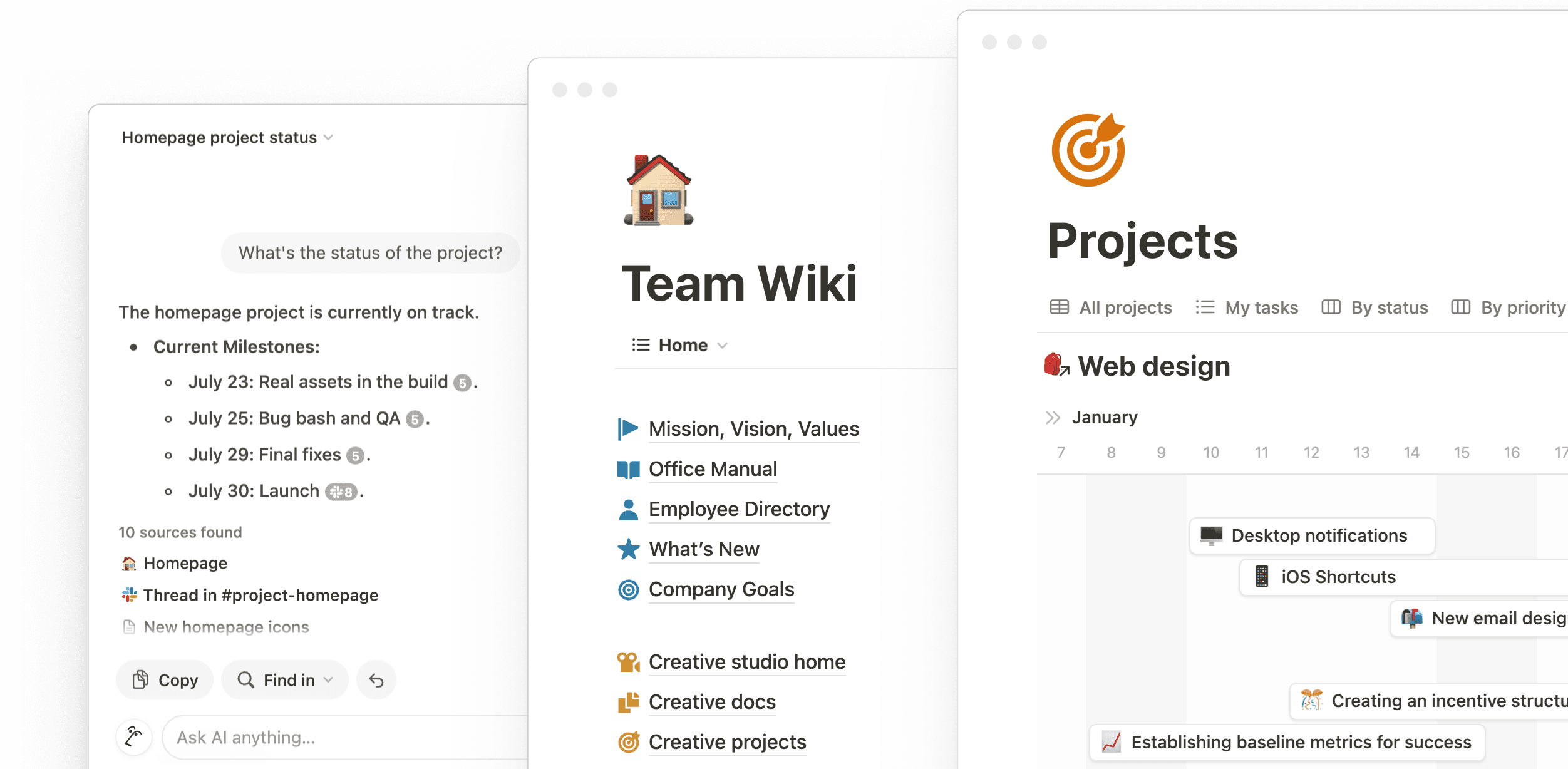Espace de travail Notion affichant une liste de tâches et un wiki d’équipe