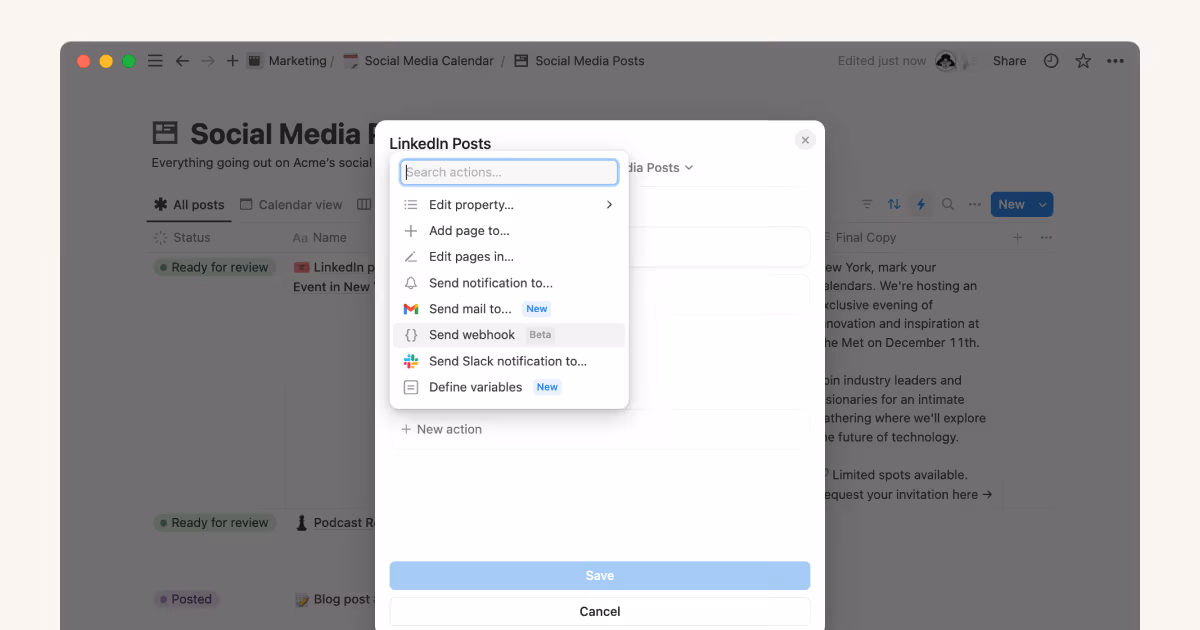 Partagez des publications sur les réseaux sociaux depuis Notion avec des actions de webhook